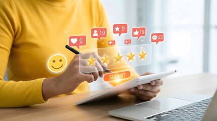 Obraz premium Person holding a tablet and pen with social media icons hovering above the screen