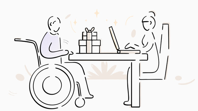 Disabled person in wheelchair using assistive technology with helper gifts on table line art style illustration
