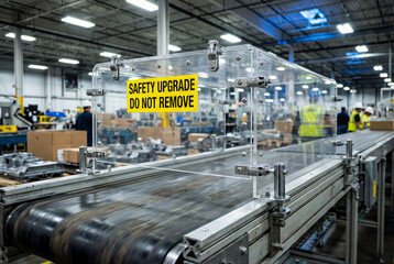 Fototapeta premium Safety guard on industrial conveyor belt with upgrade warning sign