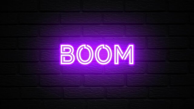 Purple Neon Boom text animation. Glowing Boom looping motion. flicker text 4k video.