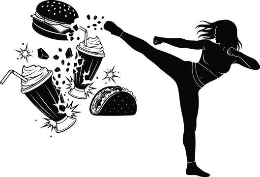 Woman performing powerful high kick against junk food, rejecting unhealthy lifestyle, fitness empowerment, healthy choices, black and white vector illustration