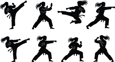 Women karate martial arts silhouette set with kicking punching fighting poses self defense training sport illustration © Rahena ARAFAT