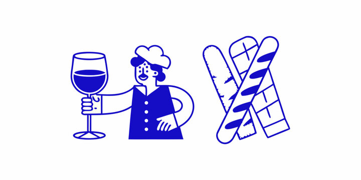 A simple illustration of wine a baker and baguettes