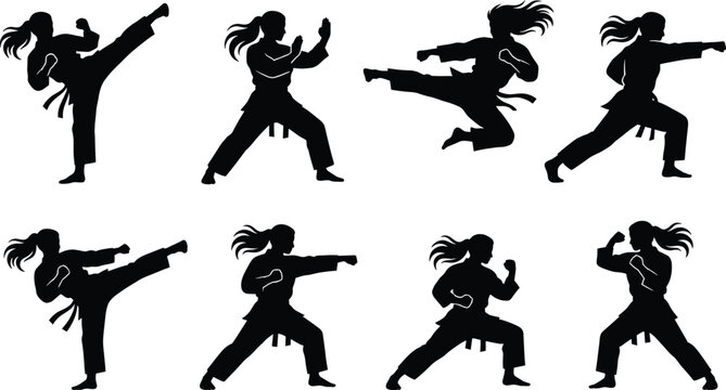 Women karate martial arts silhouette set with kicking punching fighting poses self defense training sport illustration