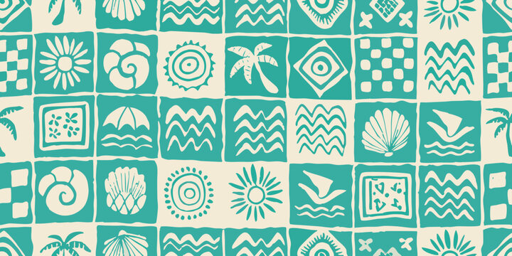 Seamless pattern with teal and cream tribal inspired geometric designs