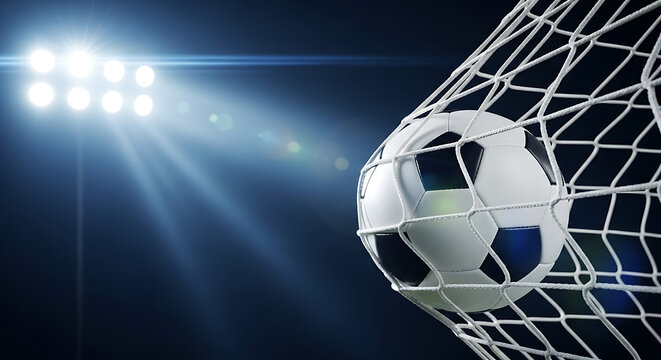 Soccer ball caught in a goal net with illuminated stadium lights, symbolizing a successful score, sporting event
