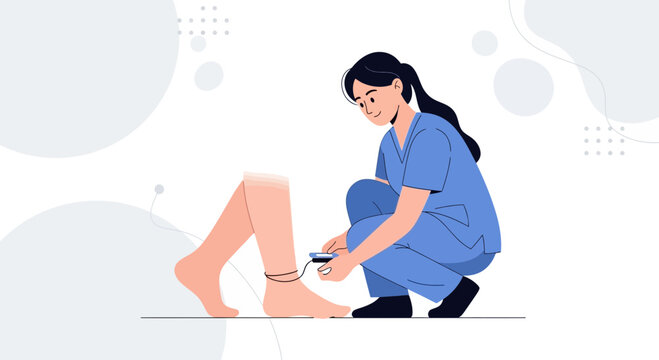Nurse checking patient's pulse oximeter on foot, medical illustration