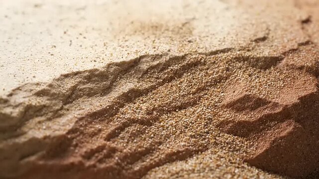 Close-up of golden sand falling onto a textured surface, creating intricate patterns and natural layers with varying colors.