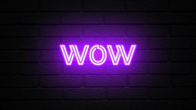 Purple Neon Wow text animation. Glowing Wow looping motion. flicker text 4k video.