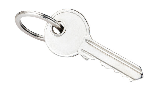 Metal key on keyring for door access and security, isolated on cutout transparent background
