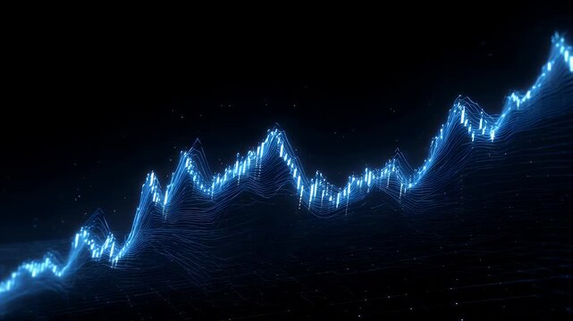 Abstract financial chart showing an increasing trend, blue glowing candlestick line graph representing stock market performance or cryptocurrency trading, a dynamic visual of economic growth.