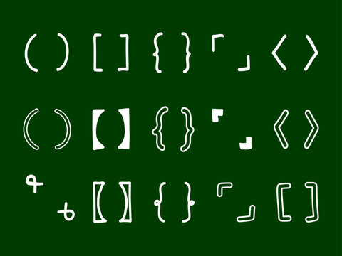 Chalkboard Style Hand-Drawn Brackets Set: Vector Illustration of White Chalk Parentheses, Curly Braces, and Square Brackets on Green Blackboard Background for School and Cafe Design