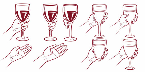 Fototapeta premium Hands holding wine glasses in various positions sketch style illustration