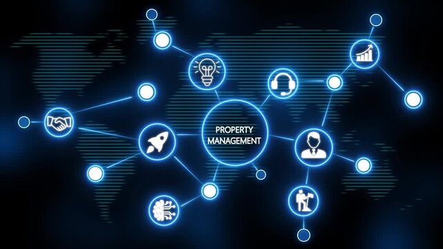 glowing neon line banner of property management concept with icons of business, responsibility, customers, integrity, goals, teamwork, commitment and innovation. video animation