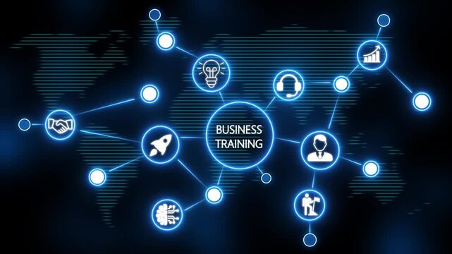 glowing neon line banner of business training concept with icons of business, responsibility, customers, integrity, goals, teamwork, commitment and innovation. video animation