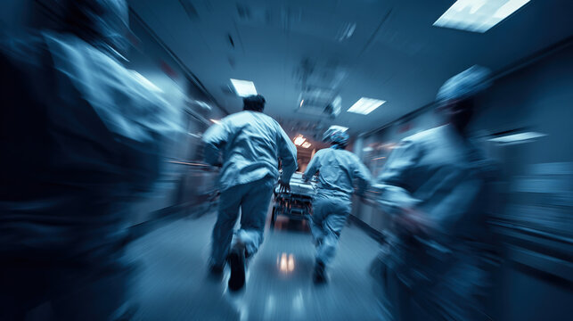Hospital emergency room doctors rushing patient dynamic lighting intense action healthcare urgency realism