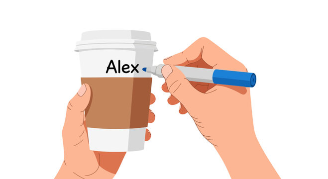 Person writing a name on a takeaway coffee cup with a blue marker pen representing personalized service at a cafe for customers to identify orders