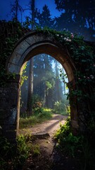 Obraz premium Ancient Stone Archway Leading to a Mystical Forest Path at Dusk.