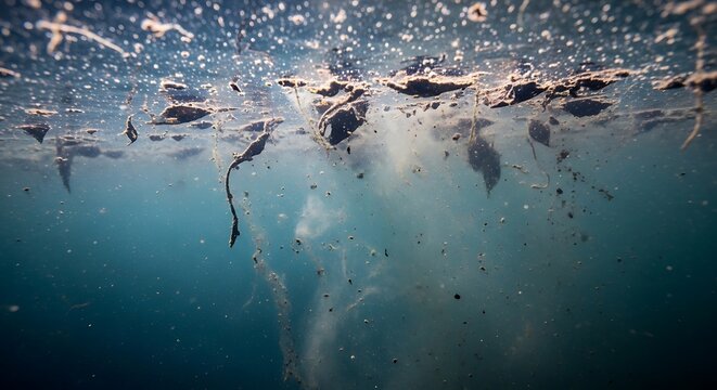 A close-up view of ocean pollution with pieces of trash floating on the surface
