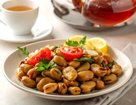 A plate of fava beans with tomato and lemon