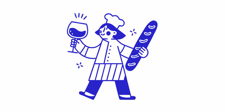 Chef holding baguette and wine glass in a playful illustration