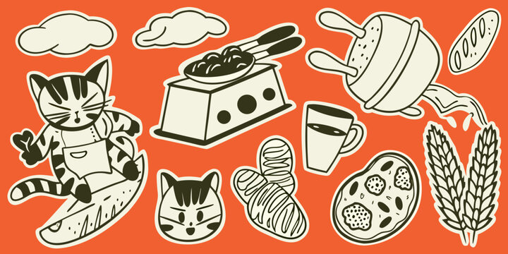A playful illustration featuring a cat coffee and various baked goods