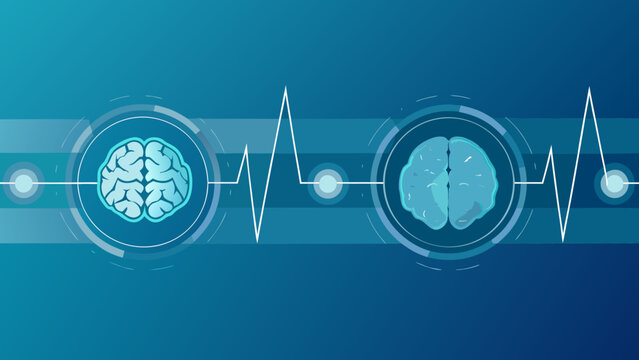 Brain activity vector illustration with eeg heartbeat line on blue background showing mental health and neuroscience concepts