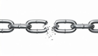 Obraz premium Broken metallic chain link under tension on plain white background
