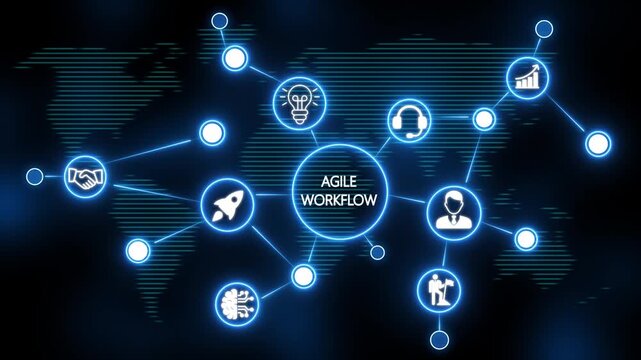 agile workflow concept with interconnected digital, technology and business  icons on back background . 4k animation video 