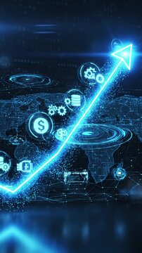 Business Rising arrow graph digital growth concept with blue glowing chart and upward trend showcasing futuristic data visualization progress in technology sectors scene 4 distortion, overlay, glitch