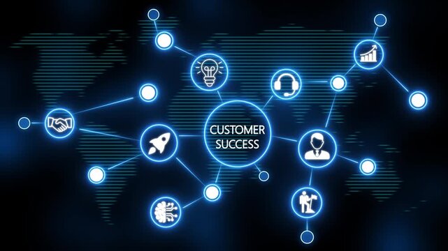 customer success concept with interconnected digital, technology and business  icons on back background . 4k animation video 
