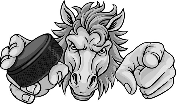 Horse mustang bronco stallion ice hockey angry sports team mascot holding a puck.