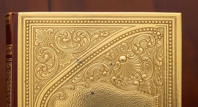 Ornate gold embossed leather book cover with intricate floral pattern and beaded border, luxurious design element for premium publication or antique binding