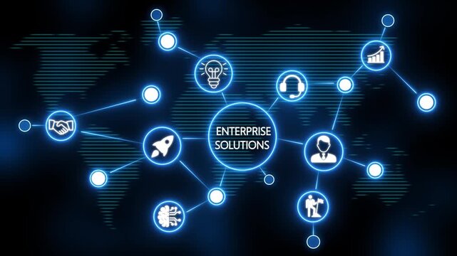 enterprise solution concept with interconnected digital, technology and business  icons on back background . 4k animation video 