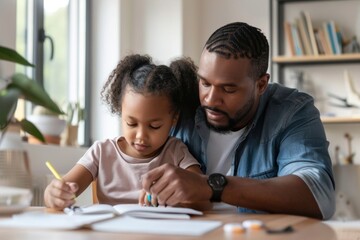 Naklejka premium Father and daughter engaging in creative learning at home together shining bright in a cozy room filled with joy and laughter while building lasting memories. Generative AI