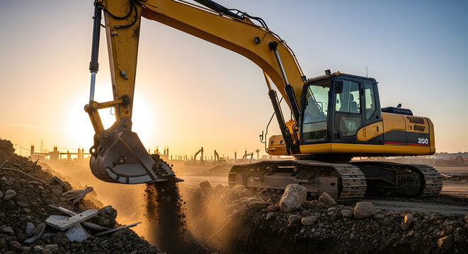 Huge yellow excavator with a large bucket moving dirt and debris on a dusty construction site