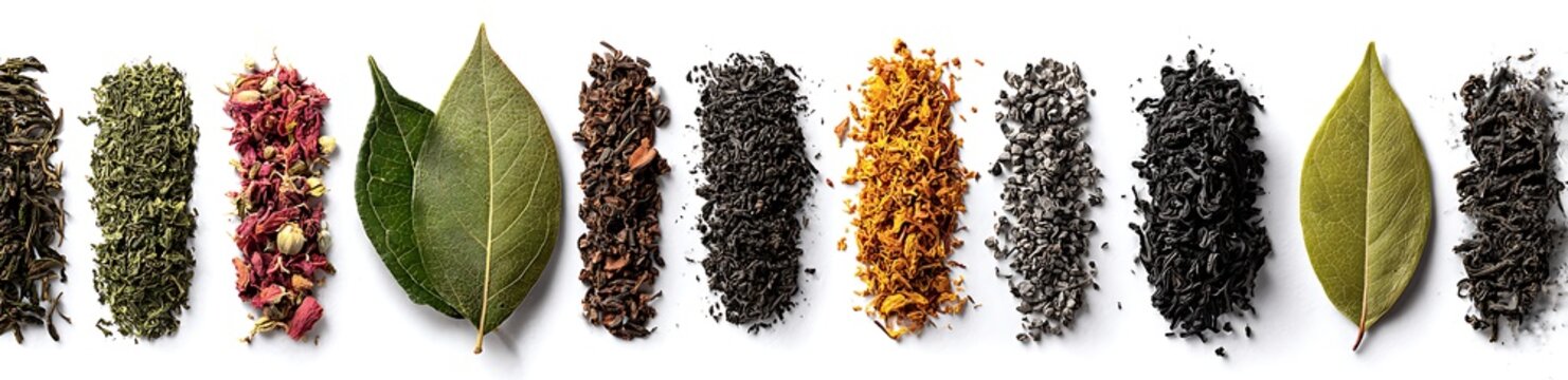 Variety of tea leaves and herbs arranged in a long banner on white background for beverage or culinary concept