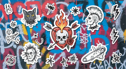 Naklejka premium Urban graffiti art with skulls, roses, and black cat stickers eps 10