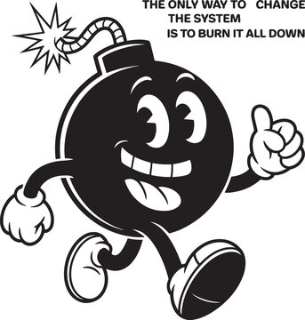 Smiling bomb cartoon character with thumbs up and revolutionary slogan