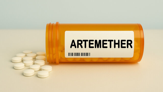Box of ARTEMETHER tablets on a hospital pharmacy table used to treat malaria an antimalarial.