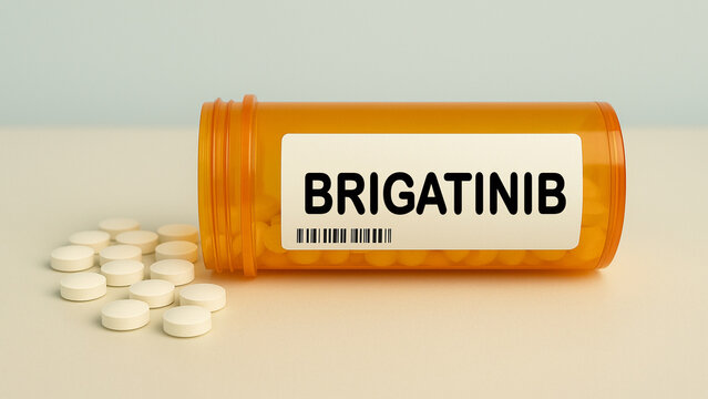 Box of BRIGATINIB tablets on a hospital pharmacy table used to treat ALK positive lung cancer an ALK inhibitor.