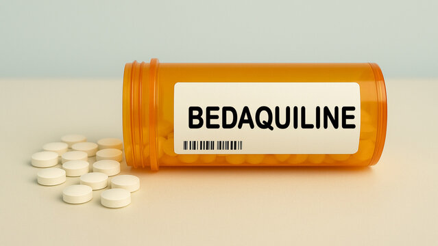 Box of BEDAQUILINE tablets on a hospital pharmacy table used to treat tuberculosis a diarylquinoline antibiotic.