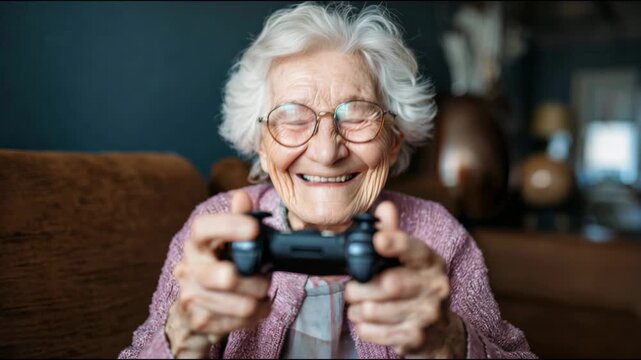 Happy elderly woman sitting on a sofa and playing video games with a joystick