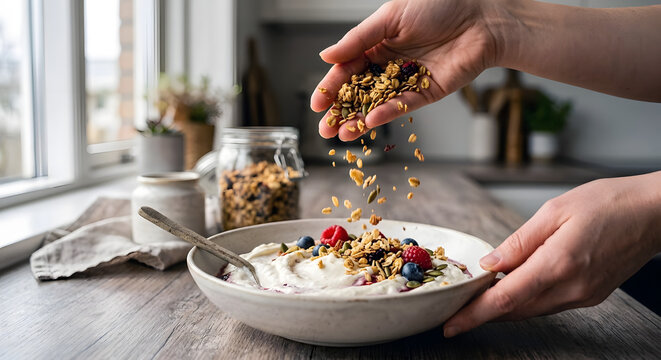 A man adds granola to a bowl of skyr in a cozy kitchen