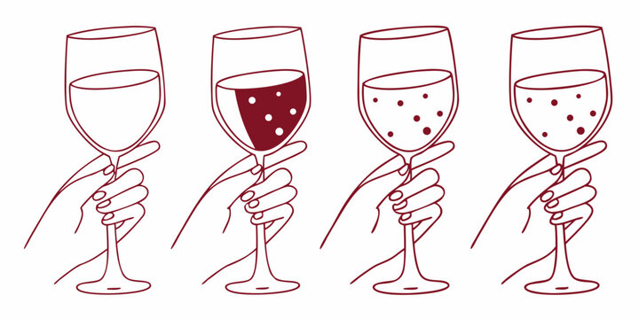 Four wine glasses held by hands displaying varying liquid levels