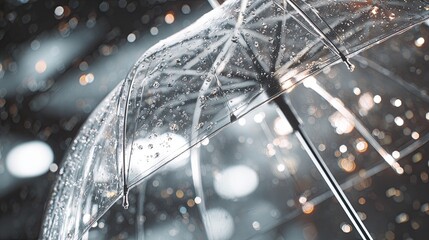A clear umbrella covered in raindrops glistens against a blurred, illuminated background on a rainy night.