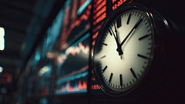 A close-up of a clock showing nearly 12 o'clock with a blurred background of financial data on a digital screen.