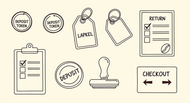 Hand drawn shipping and return labels stamps and checklists isolated on transparent background