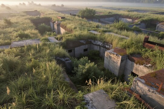 Abandoned military bunker complex stands amidst overgrown vegetation in a rural setting, exuding somberness and neglect under dawn's soft light.