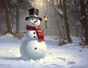 Obraz premium A snowman in a snowy forest with a lantern